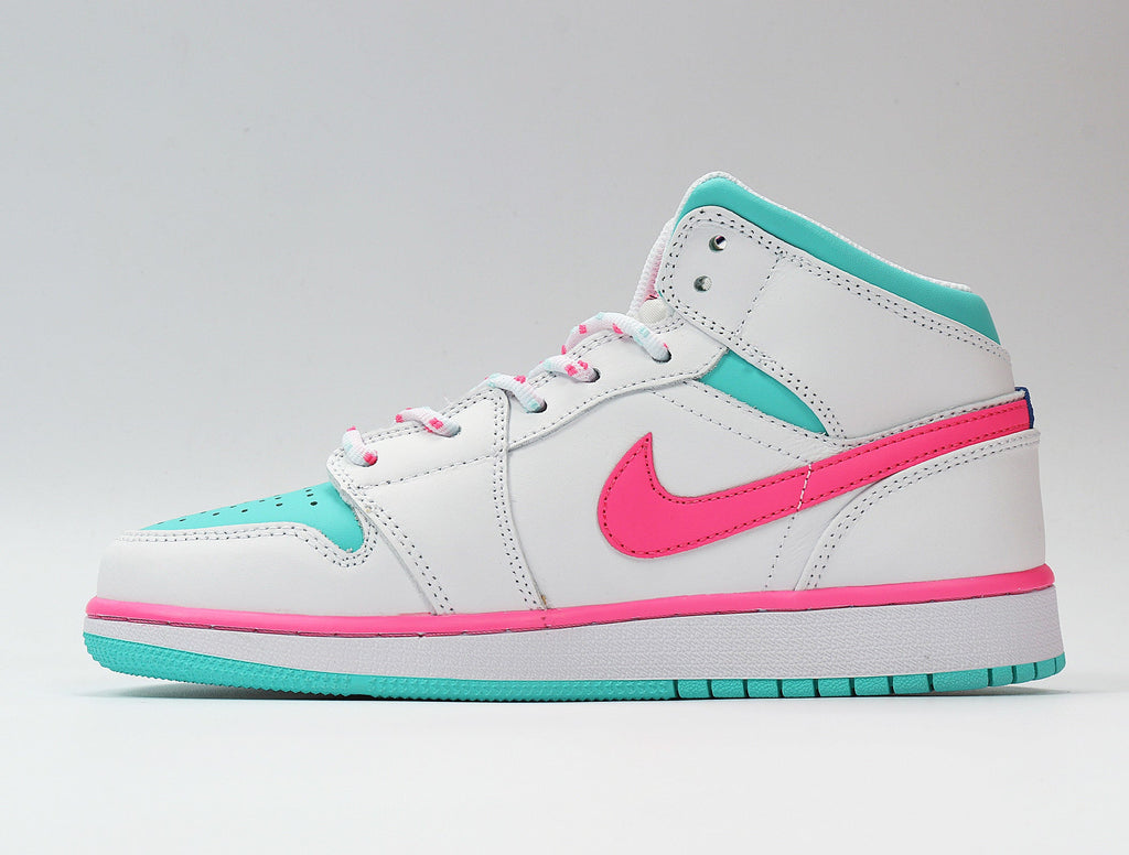 Jordan 1 Mid Sneakers in White Pink Turquoise 555112-102 - product image from the listing.