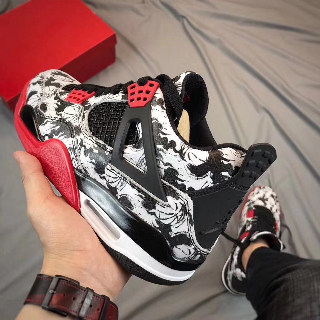Air Jordan 4 Tattoo Black White Red Sneakers - product image from the listing.