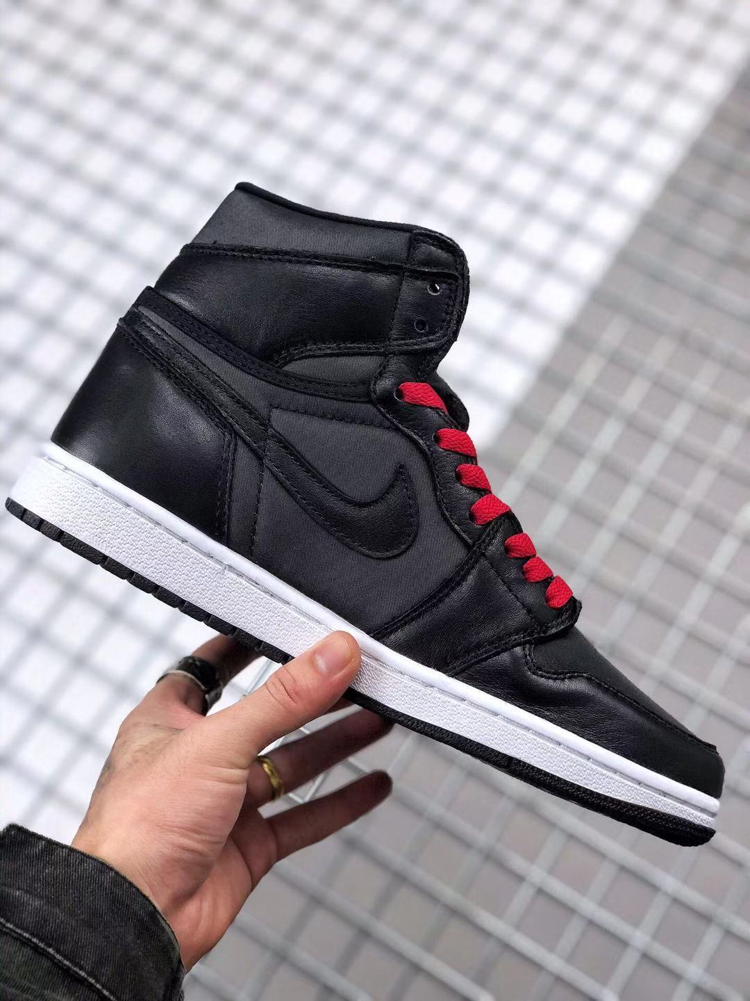 Air Jordan 1 High OG Black Satin Sneakers in Black Red - product image from the listing.