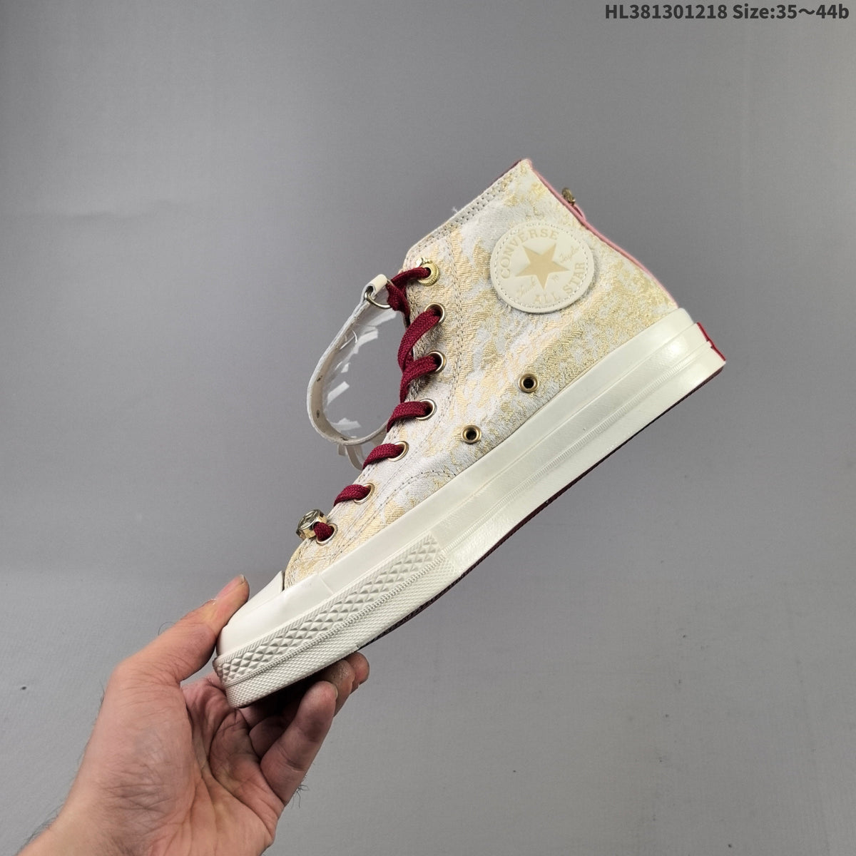 Converse Chuck 70 High-Top Sneakers, in Gold and Burgundy - product image from the listing.