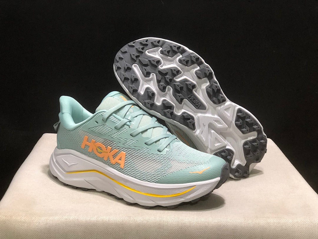 HOKA Challenger 8 Trail Running Shoes, Sage and in Coral - product image from the listing.