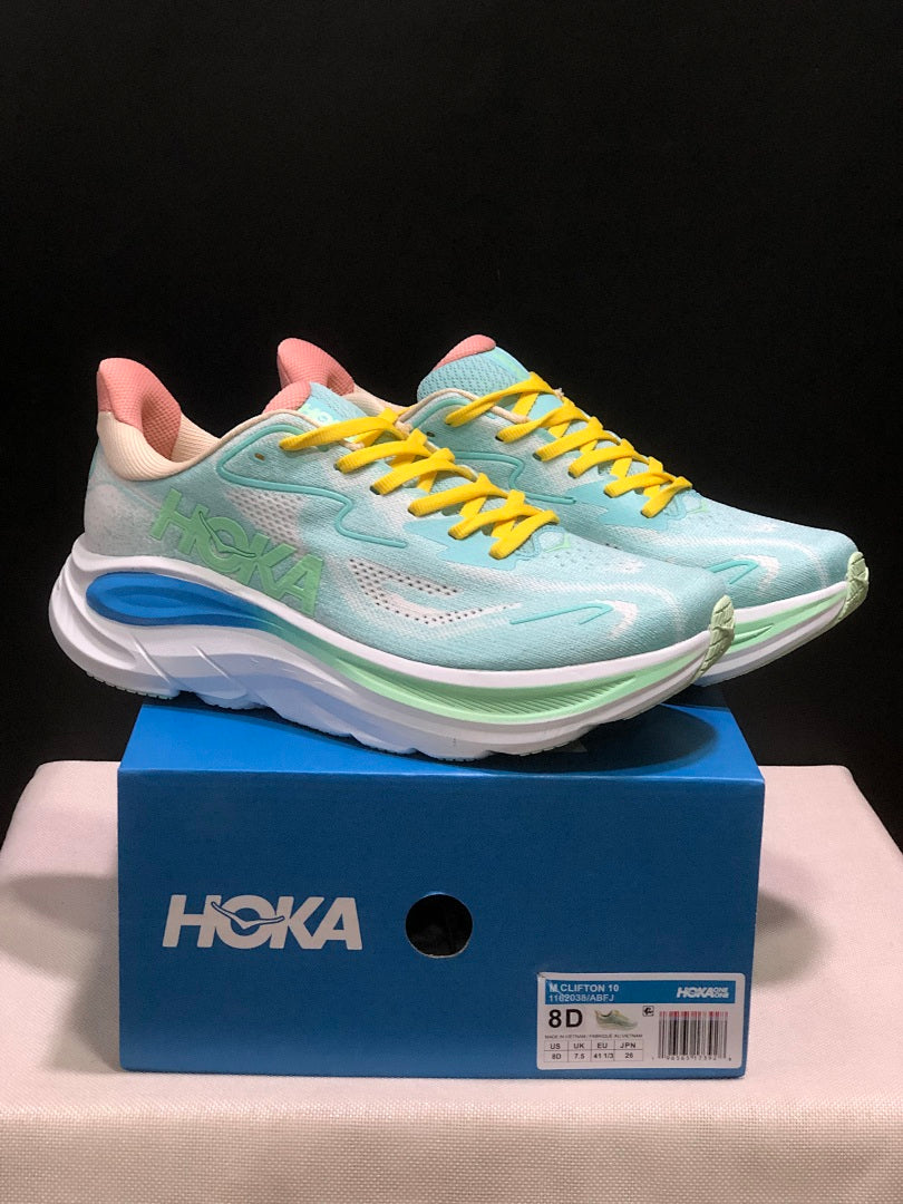Aqua and Yellow HOKA Clifton 10 Running Shoes - product image from the listing.