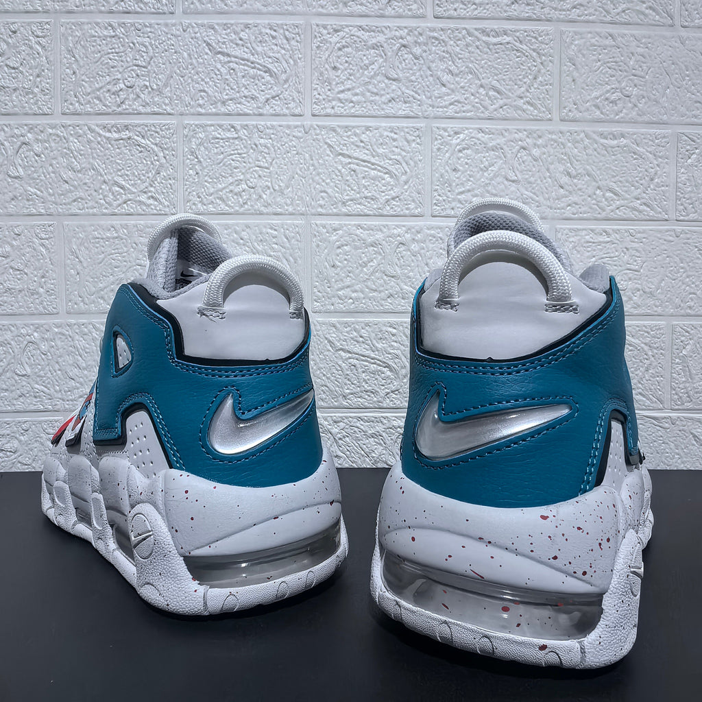 Nike Air More Uptempo Cartoon Bear Sneakers, in White Blue Red - product image from the listing.