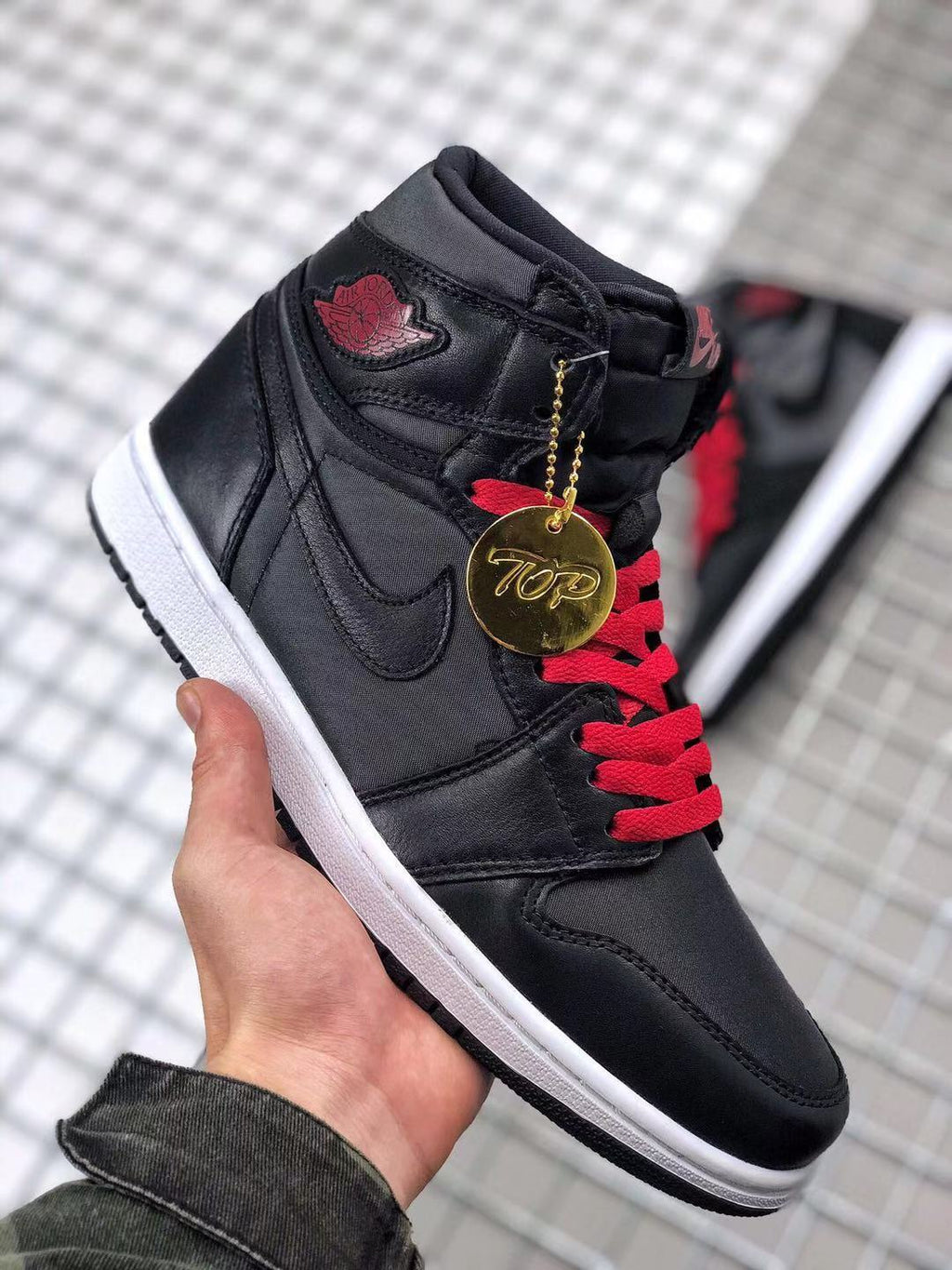Air Jordan 1 High OG Black Satin Sneakers in Black Red - product image from the listing.