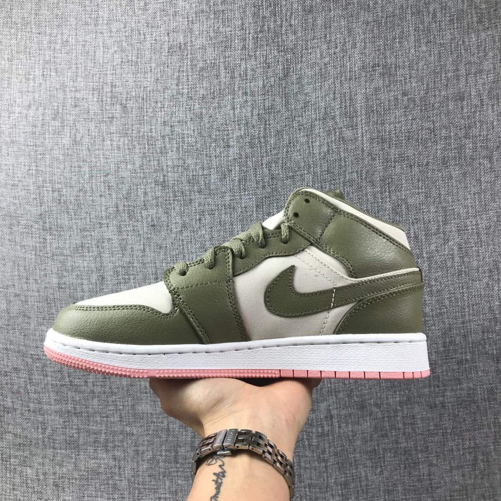 Olive Green and White Air Jordan 1 Mid GG Sneakers - product image from the listing.