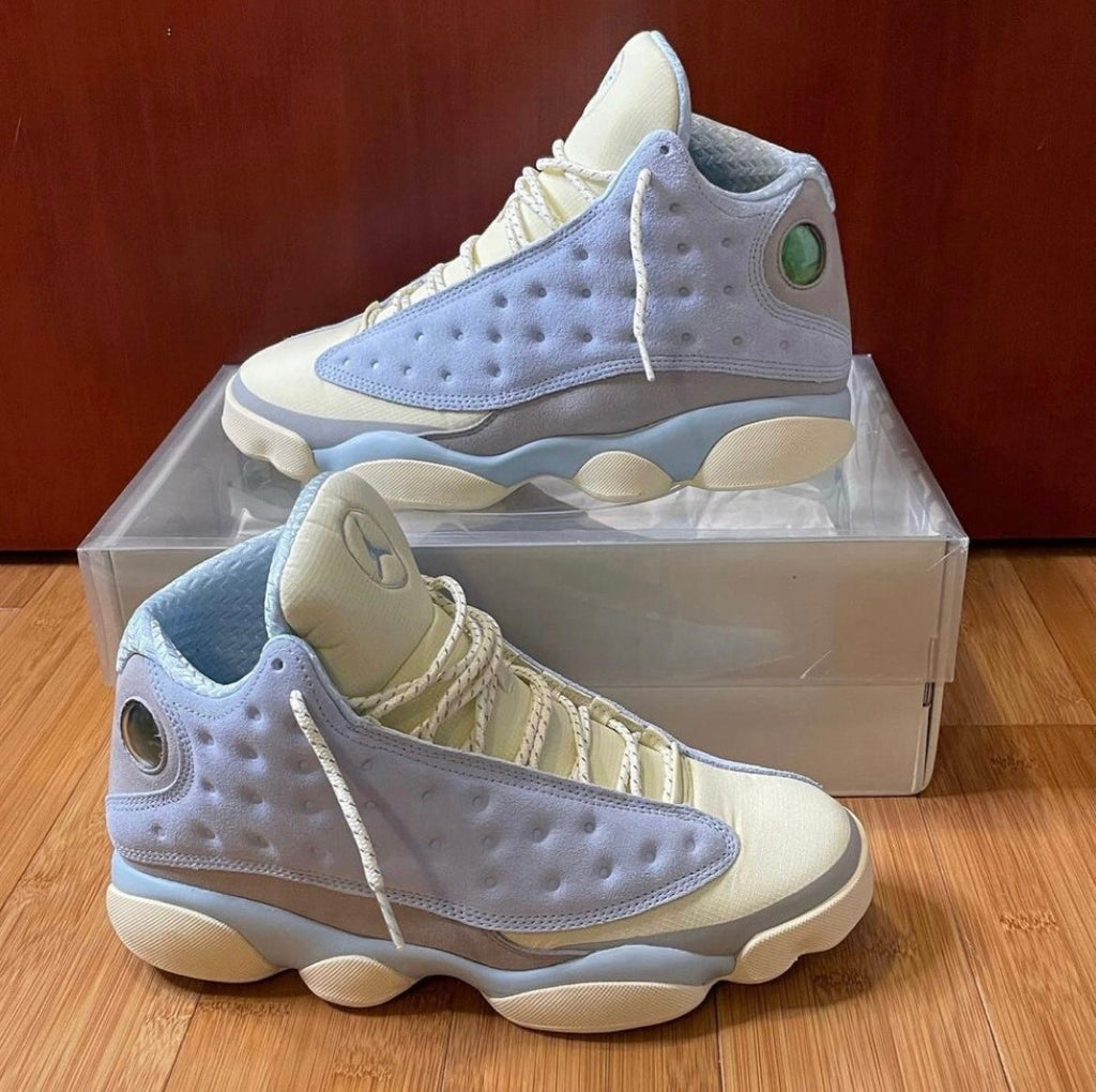 Blue and Cream Jordan 13 SoleFly DX5763-100 Sneakers - product image from the listing.