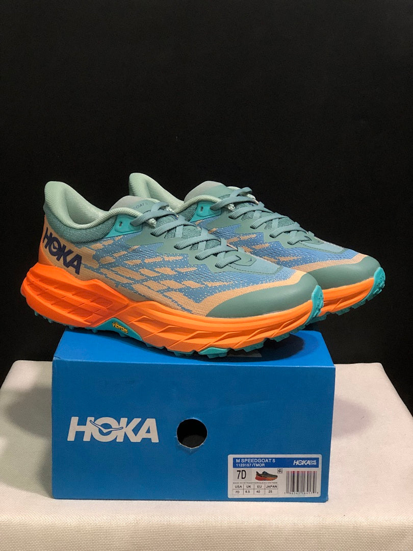 HOKA Speedgoat 5 Trail Running Shoes in Blue Orange - product image from the listing.
