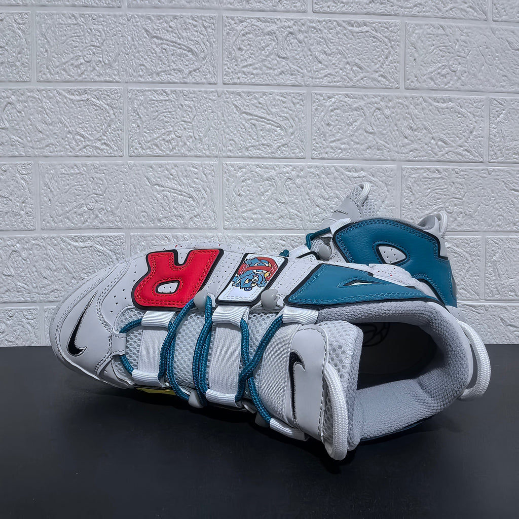 Nike Air More Uptempo Cartoon Bear Sneakers, in White Blue Red - product image from the listing.