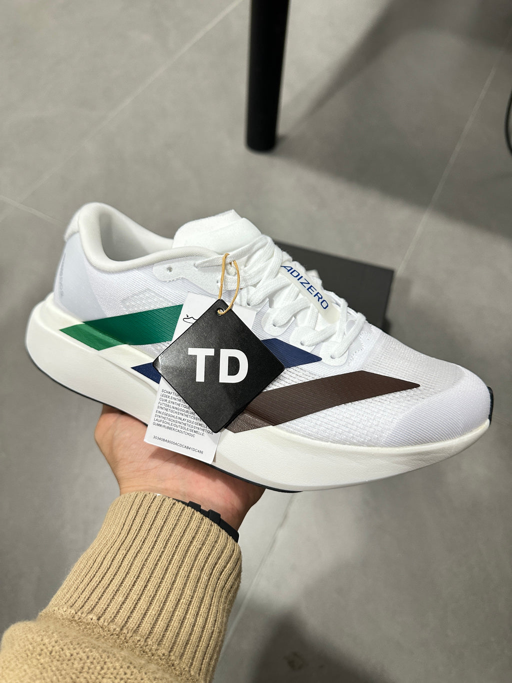 adidas Adizero Lightstrike Pro Running Shoes in White Green Navy - product image from the listing.