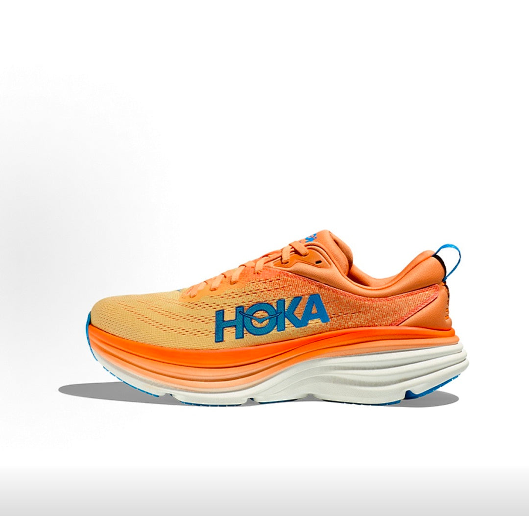 Orange and Blue HOKA Bondi 8 Running Shoes - product image from the listing.