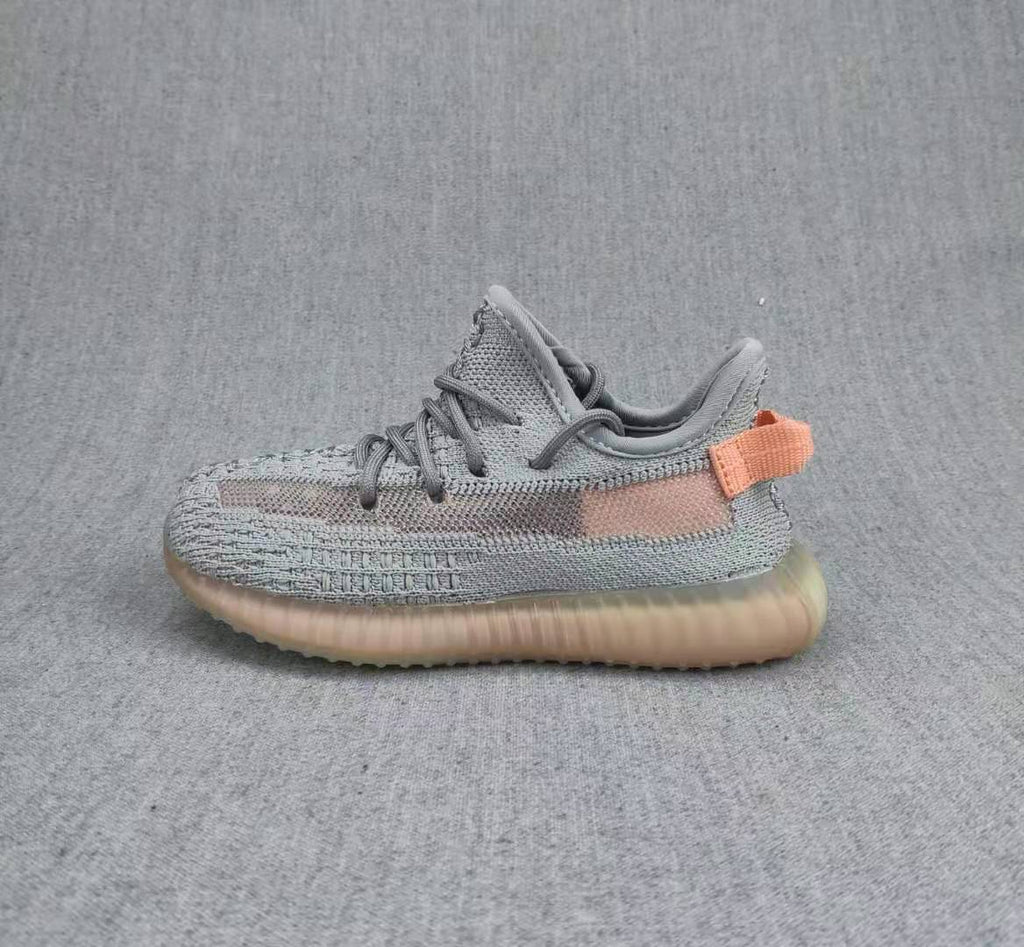 Yeezy 350 V2 Kids Sneakers in Grey and Coral - product image from the listing.