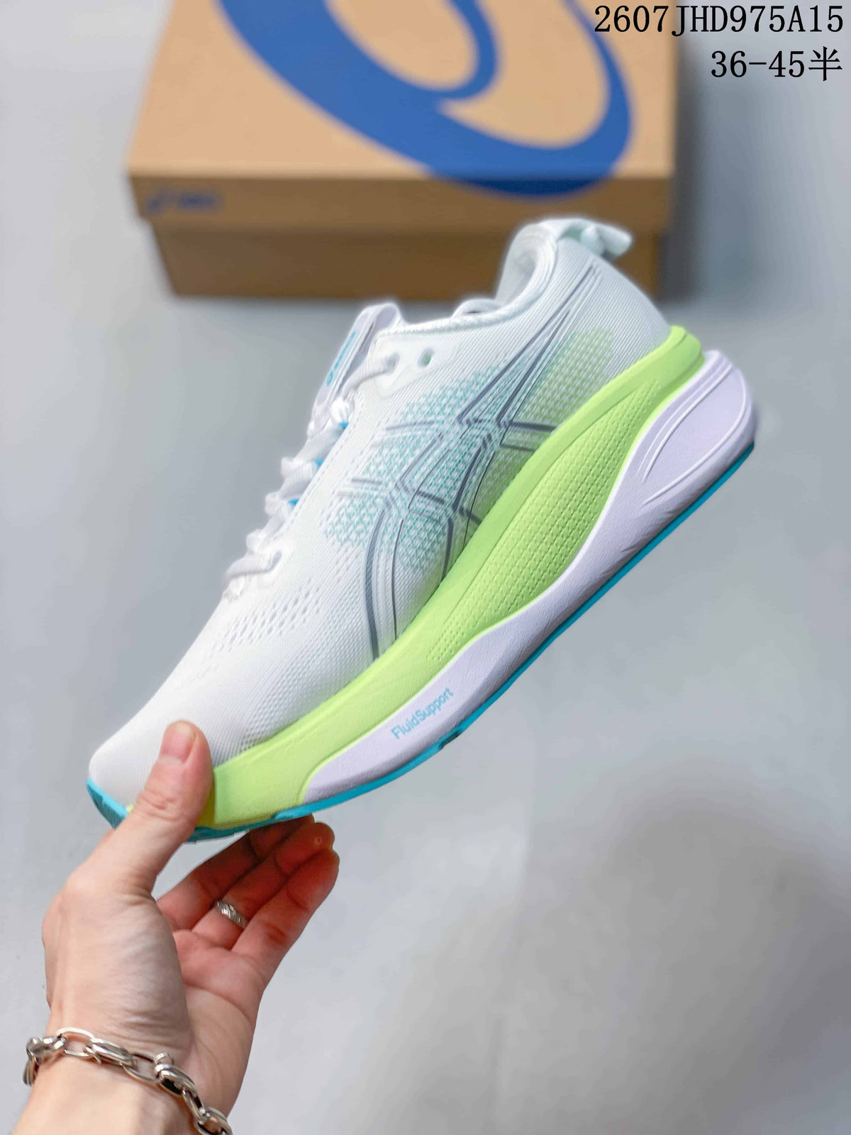 ASICS Gel-Kayano 33 Running Shoes in White Lime Blue 1011C167-402 - product image from the listing.