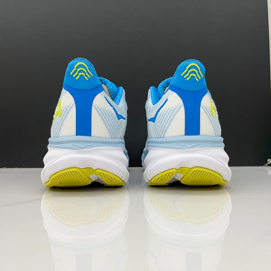HOKA Clifton 9 Running Shoes, in Pale Blue and Lime - product image from the listing.