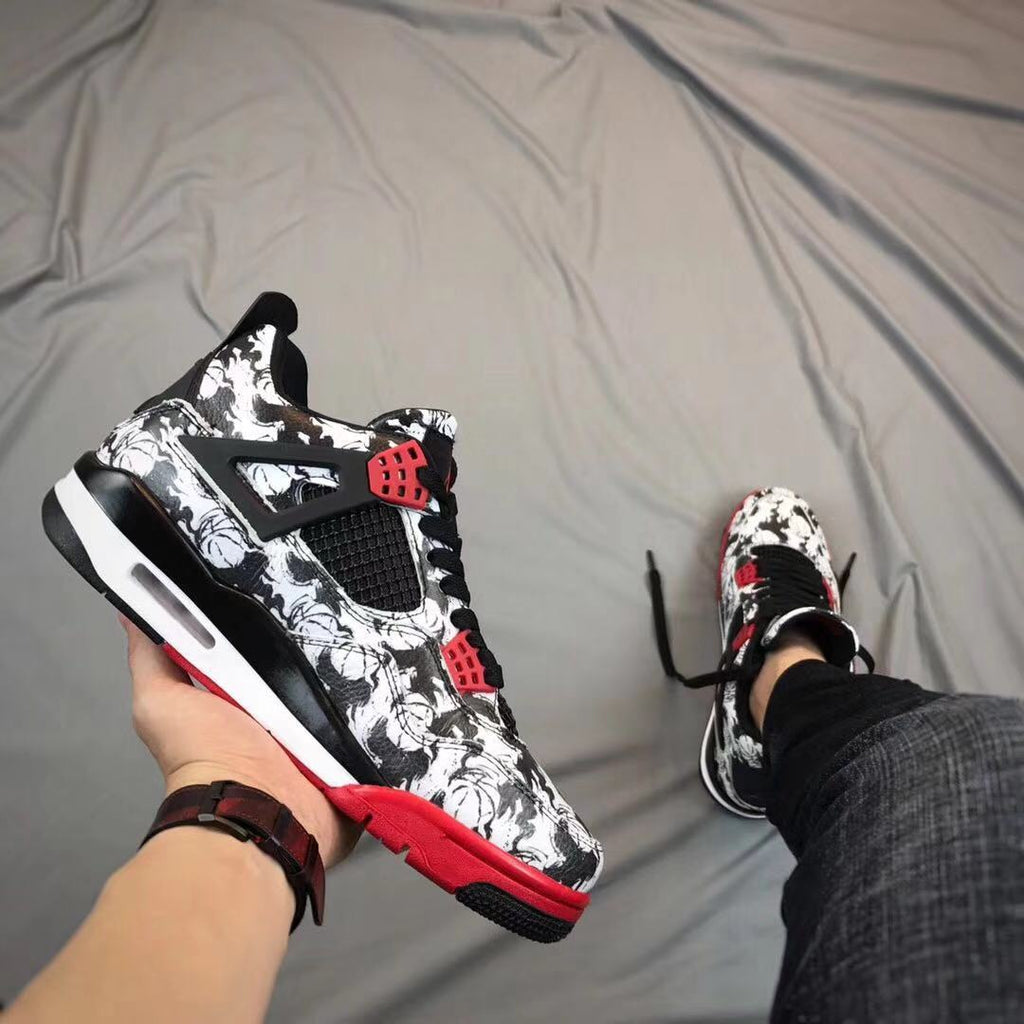 Air Jordan 4 Tattoo Black White Red Sneakers - product image from the listing.