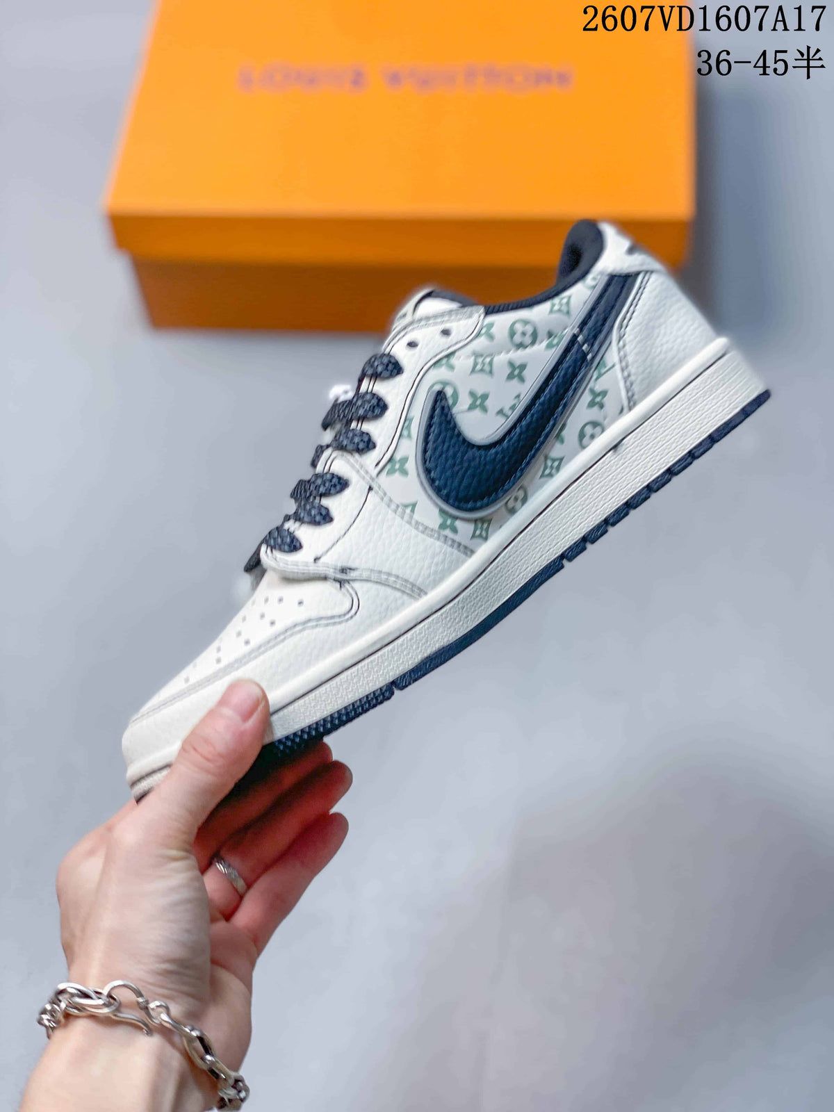 White Navy Monogram Sneakers - Jordan 1 Low - product image from the listing.