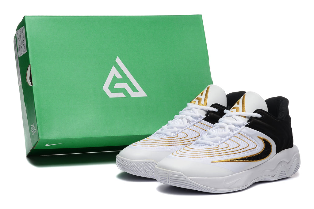 Nike Zoom Freak 5 Basketball Shoes in White Black Gold - product image from the listing.