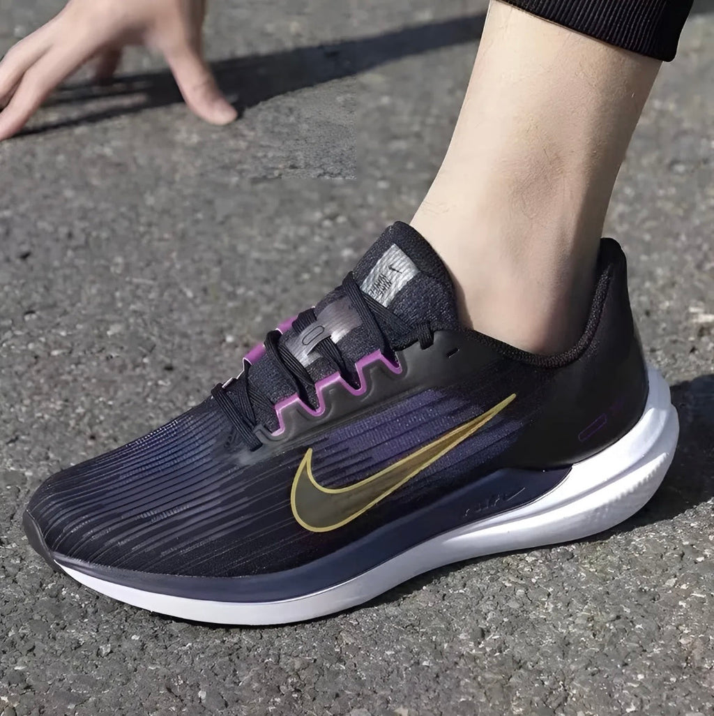 Nike Air Winflo 9 Running Shoes in Black Blue Gold DD6203-007 - product image from the listing.