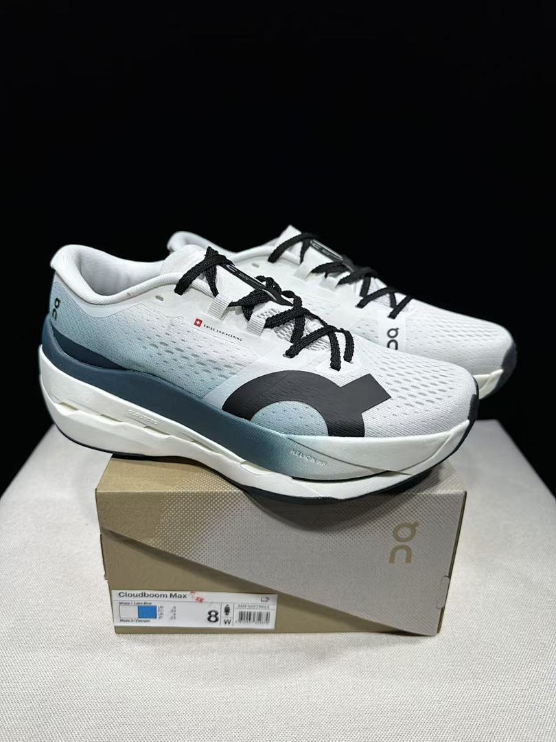 On Cloudboom Max Running Shoes in White and Lake in Blue - product image from the listing.