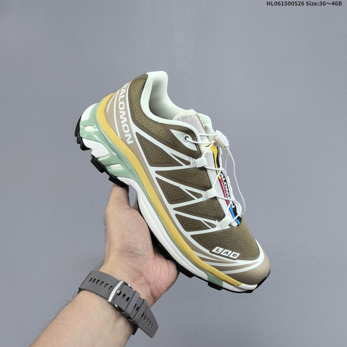 Olive and Beige Salomon XT-6 Trail Running Shoes - product image from the listing.