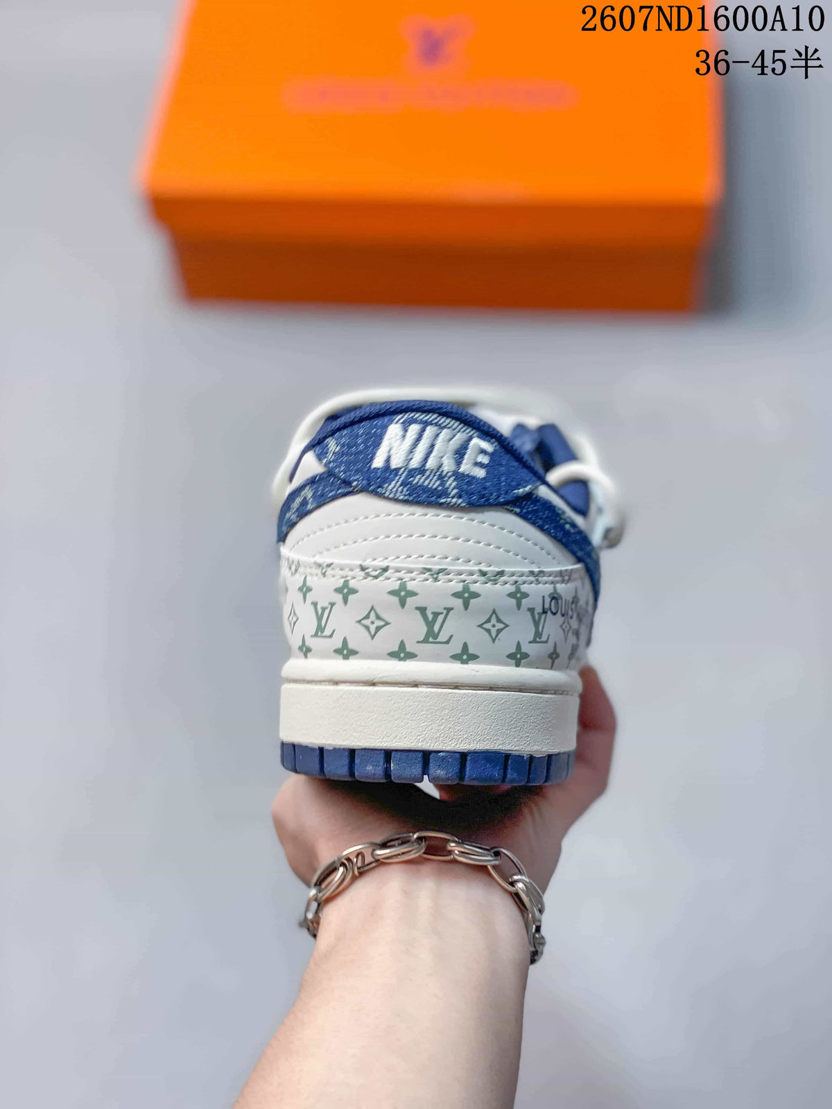 Nike SB Dunk Low White Blue Monogram Trainers 2607ND1600A10 - product image from the listing.