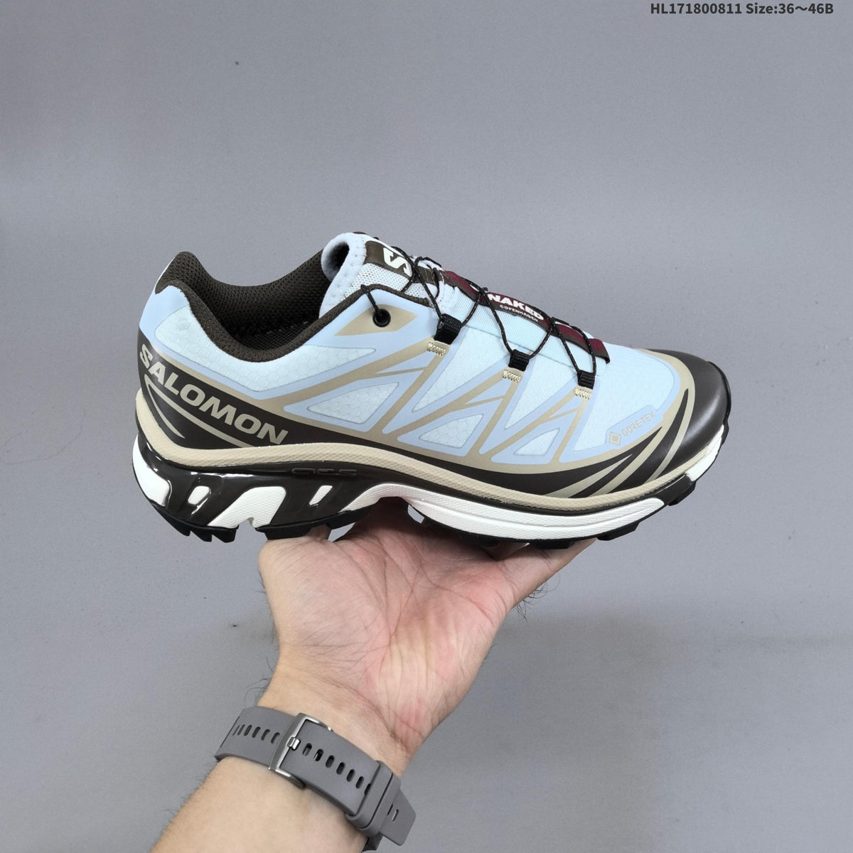 Salomon XT-6 GTX Trail Running Shoes, in Ice Blue and Black - product image from the listing.