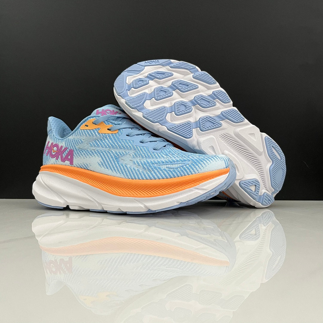 HOKA Clifton 9 Running Shoes in Blue and Orange - product image from the listing.