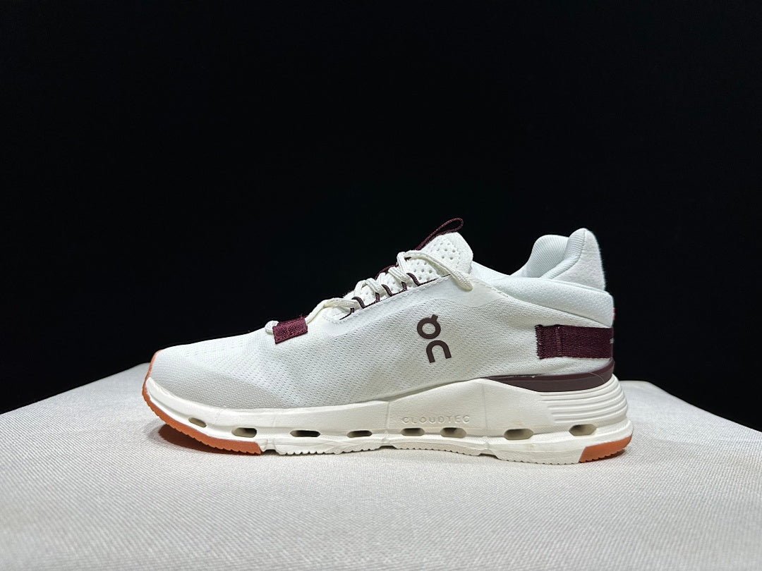 On Cloudnova 2 Sneakers, in White and Burgundy - product image from the listing.