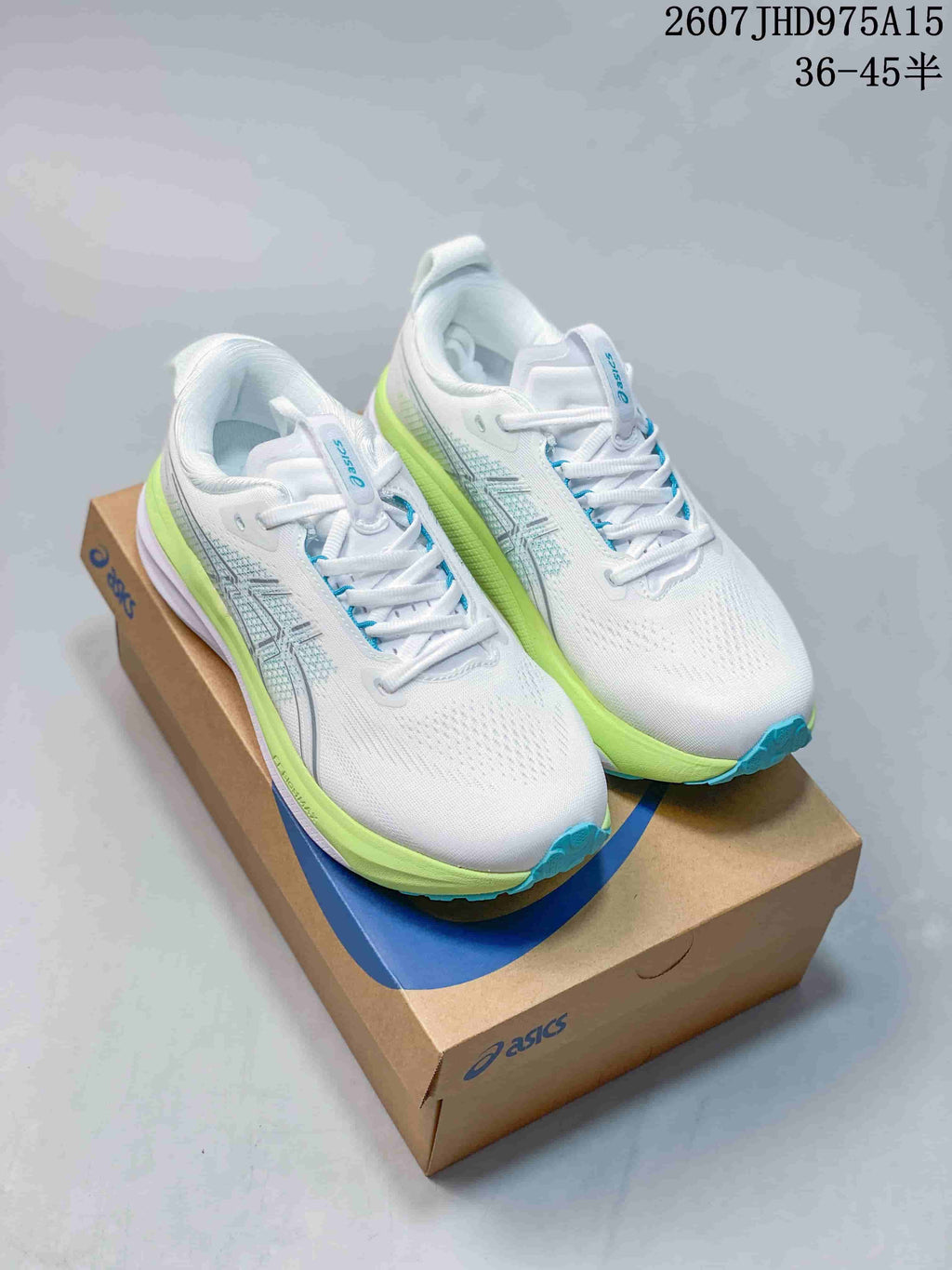 ASICS Gel-Kayano 33 Running Shoes in White Lime Blue 1011C167-402 - product image from the listing.