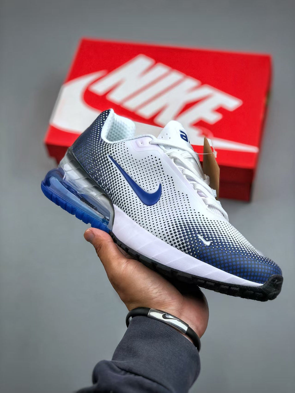Nike Air Max White and Blue Running-Style Trainers - product image from the listing.