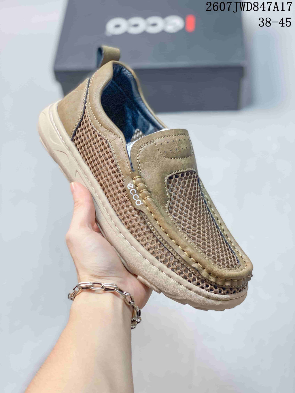 ECCO Slip-On Mesh Trainers Olive Tan 2607 JWD847A17 - product image from the listing.
