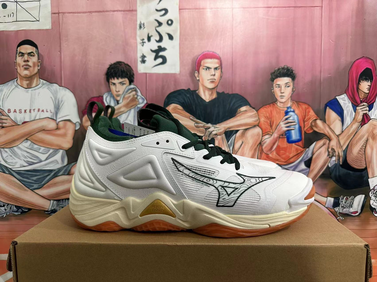 Mizuno Wave Momentum 3 Volleyball Shoes, in White and Green - product image from the listing.
