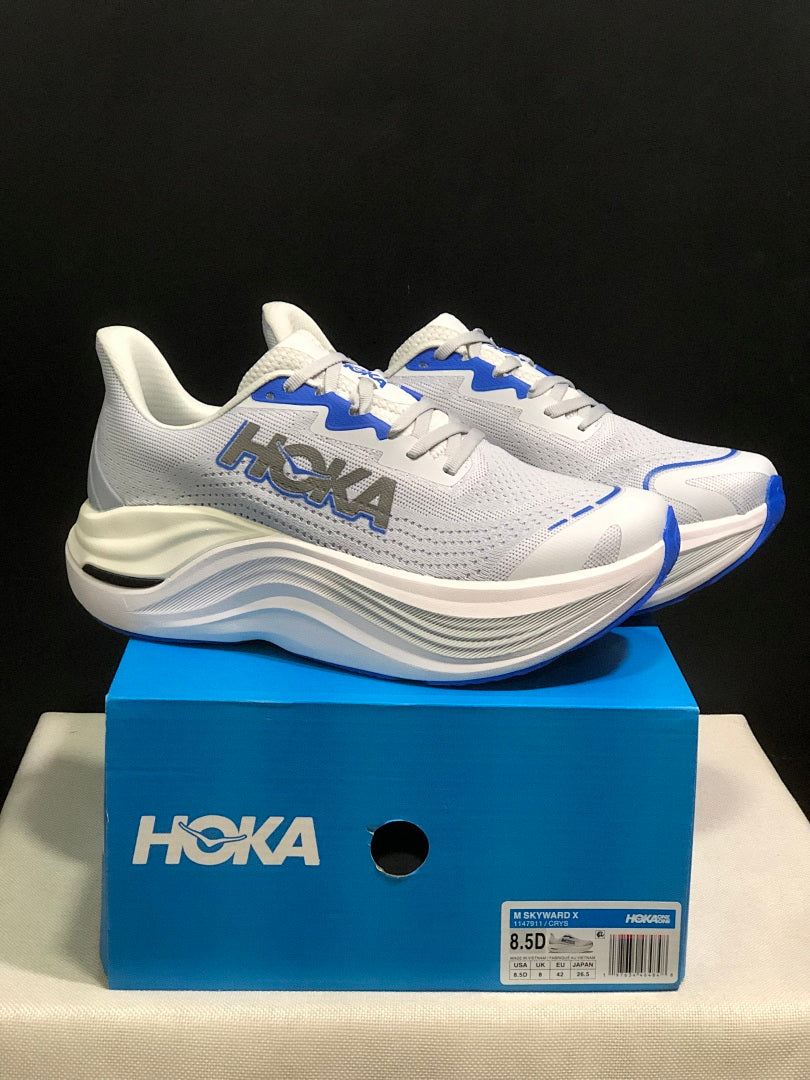 White and Blue HOKA Skyward X Running Shoes - product image from the listing.