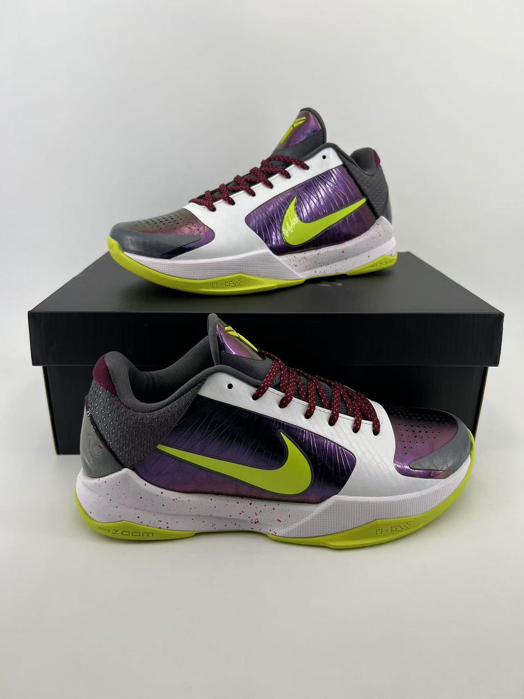 Nike Kobe 5 Protro Basketball Shoes in White Purple Volt CD4991-100 - product image from the listing.