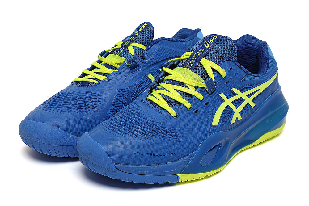 Blue and Lime ASICS GEL-RESOLUTION Tennis Shoes - product image from the listing.