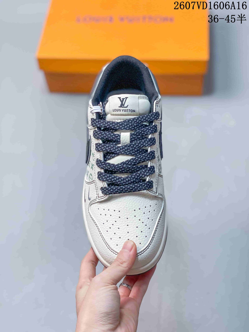 Nike SB Dunk Low LV Monogram Sneakers in White and Navy - product image from the listing.