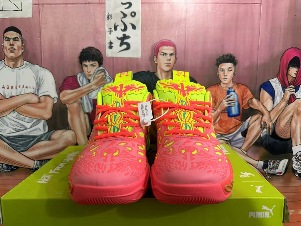 Lime Green and Coral PUMA Basketball Sneakers - product image from the listing.