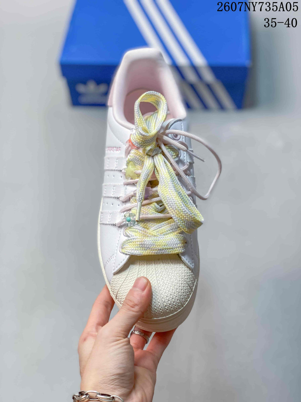 Adidas Superstar Custom White Trainers with Pastel Laces - product image from the listing.