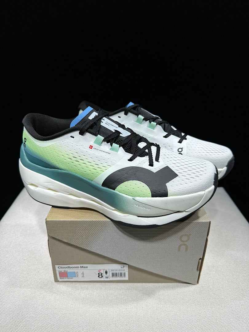 On Cloudboom Max Running Shoes, in White and Green - product image from the listing.