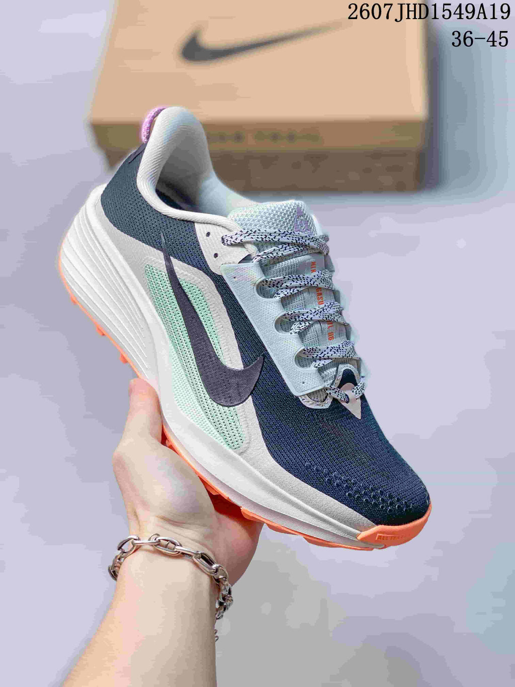 Nike Zoom Fly 5 Running Shoes in Navy White Orange - product image from the listing.