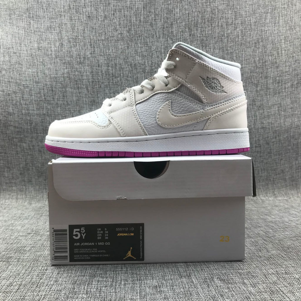 Jordan 1 Mid Grey White Fuchsia High-Cut Sneakers - product image from the listing.