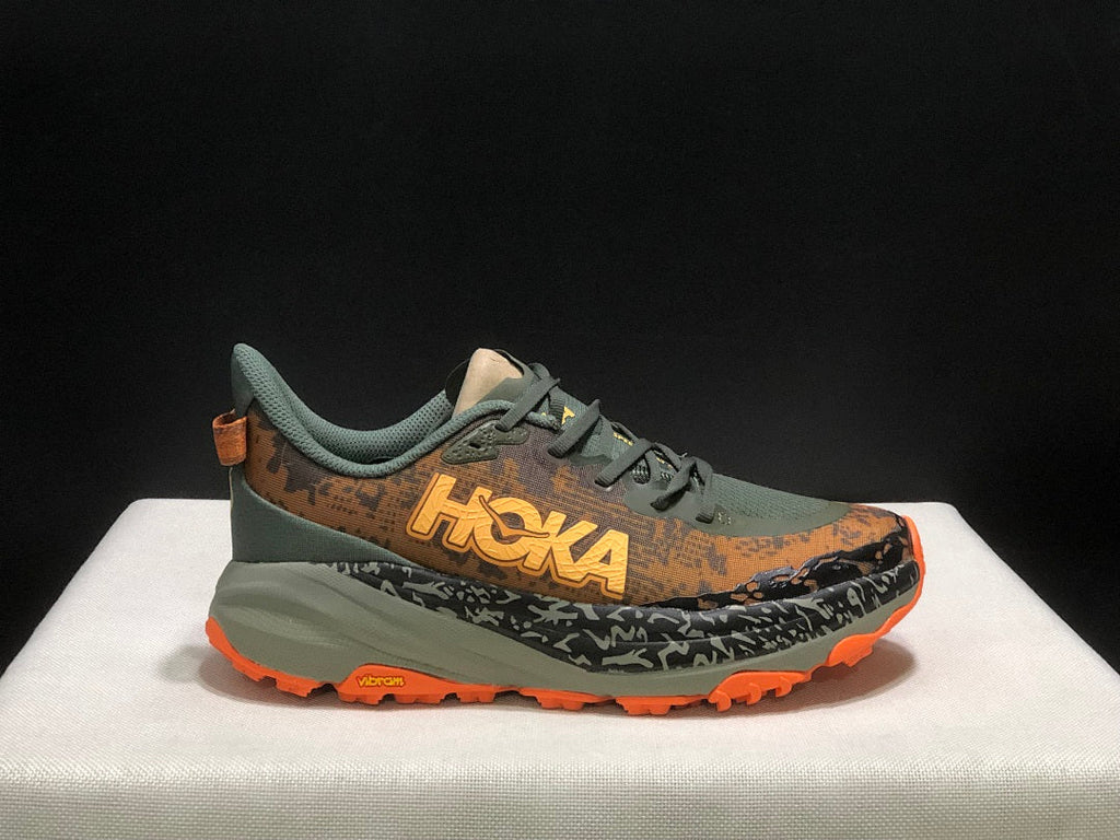 Olive and Orange HOKA Speedgoat 6 Trail Running Shoes - product image from the listing.