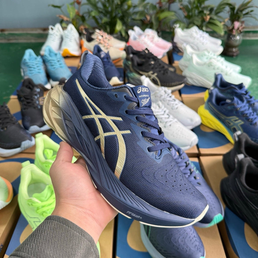 ASICS NOVABLAST 4 Running Shoes, in Blue and Gold - product image from the listing.