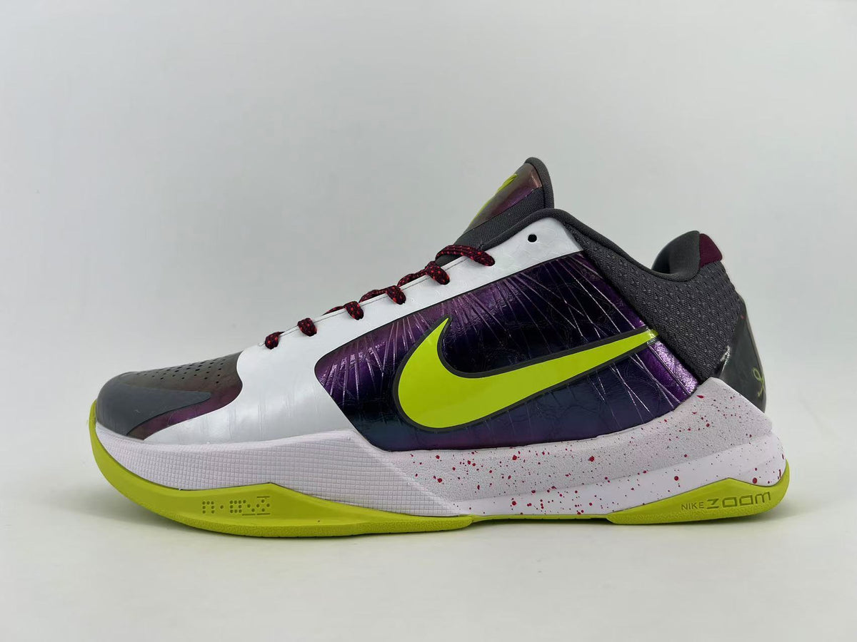 Nike Kobe 5 Protro Basketball Shoes in White Purple Volt CD4991-100 - product image from the listing.