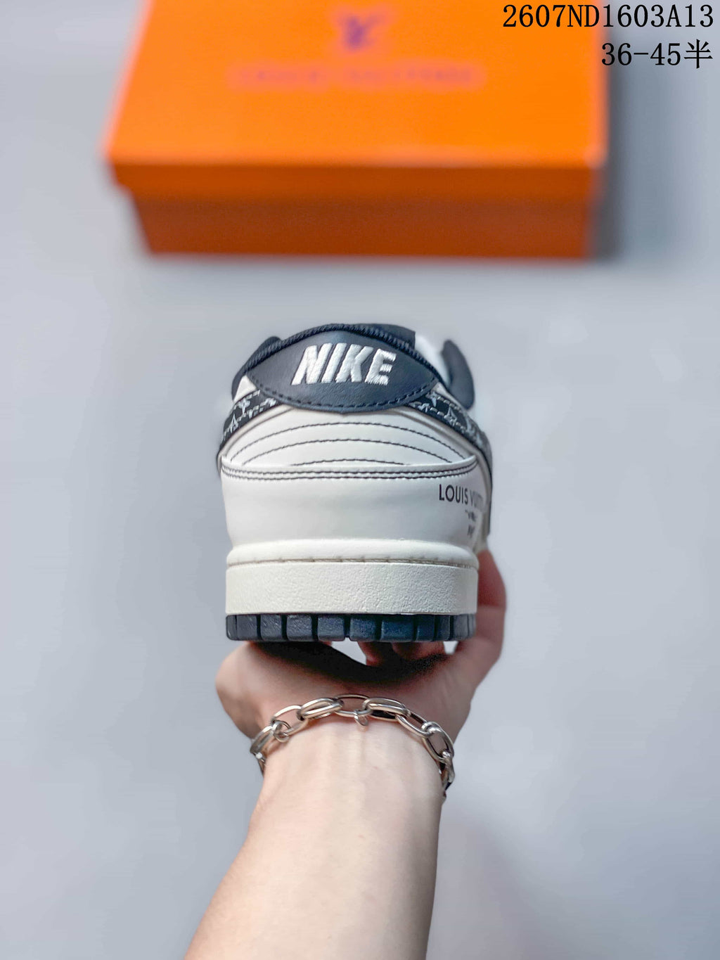 Nike SB Dunk Low LV Print Sneakers in Beige Gray Gold - product image from the listing.