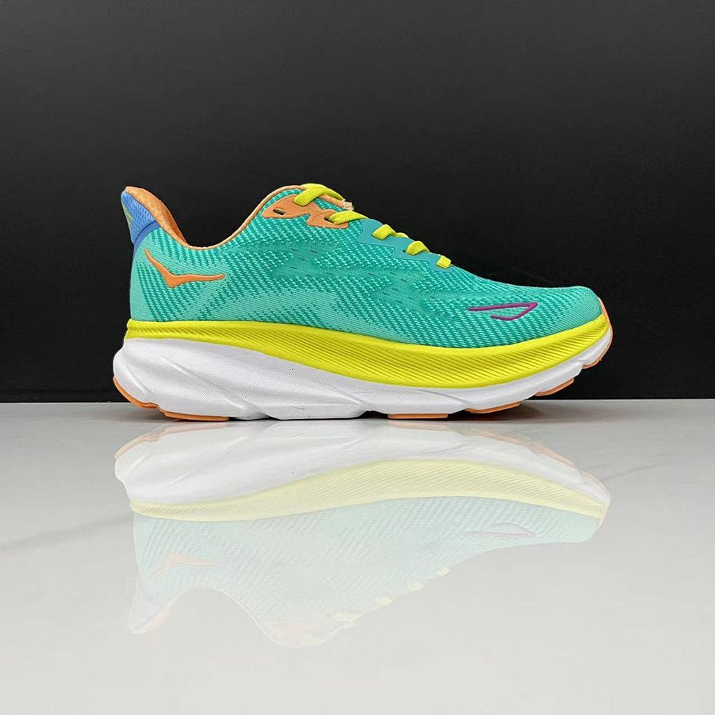Teal and Orange HOKA Clifton 9 Running Shoes - product image from the listing.