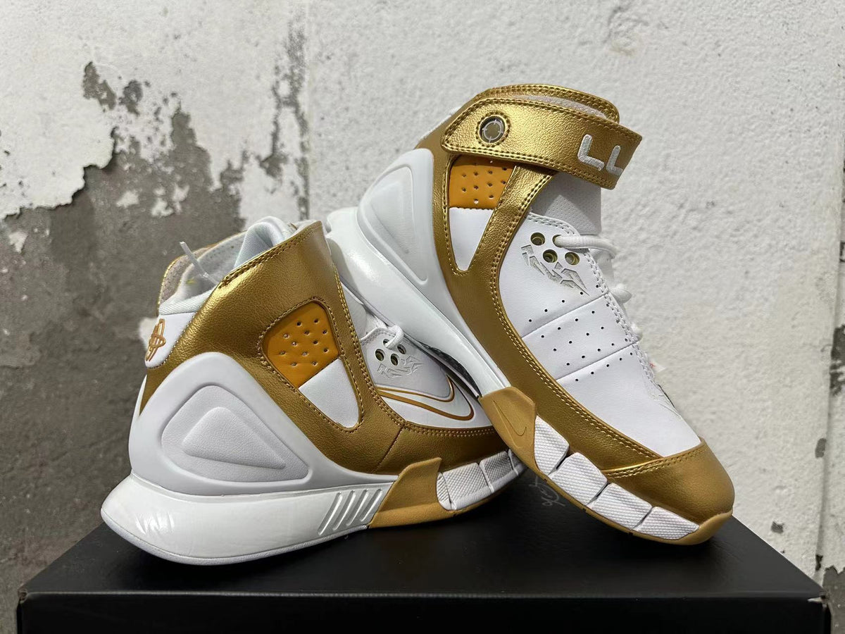 Nike Zoom 2K5 Basketball Shoes in White and Metallic Gold - product image from the listing.