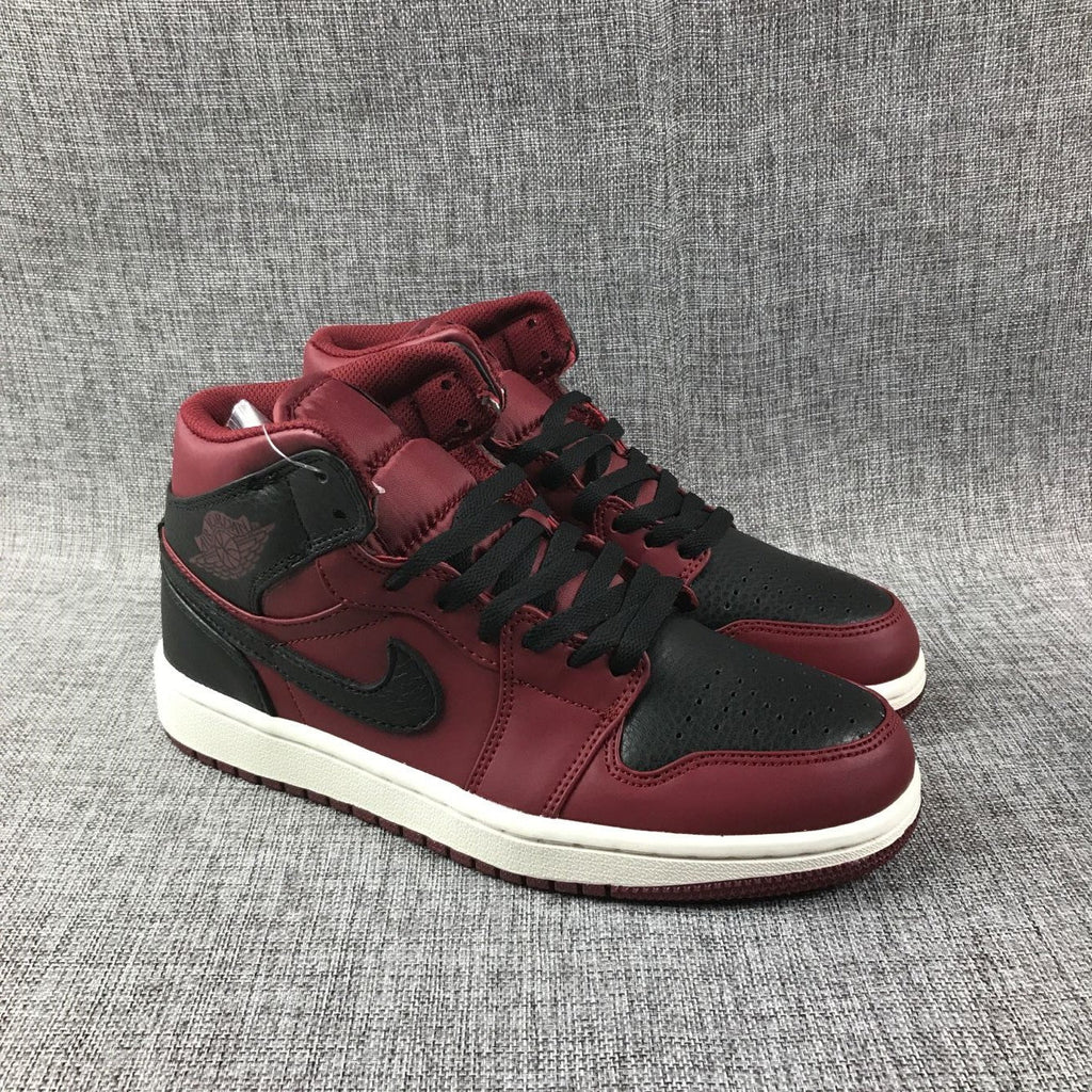 Air Jordan 1 Mid High-Top Sneakers in Burgundy and Black - product image from the listing.