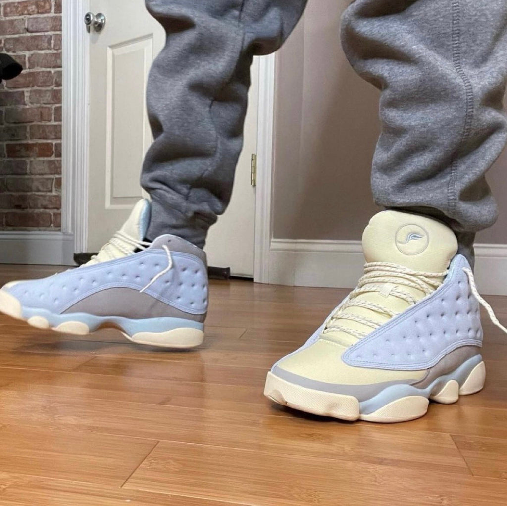 Blue and Cream Jordan 13 SoleFly DX5763-100 Sneakers - product image from the listing.