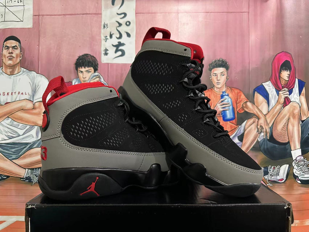Jordan 9 High-Top Basketball Sneakers in Black Grey Red - product image from the listing.