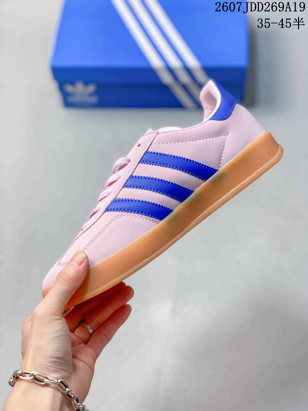 Pink and Blue Adidas Originals Gazelle Sneakers - product image from the listing.
